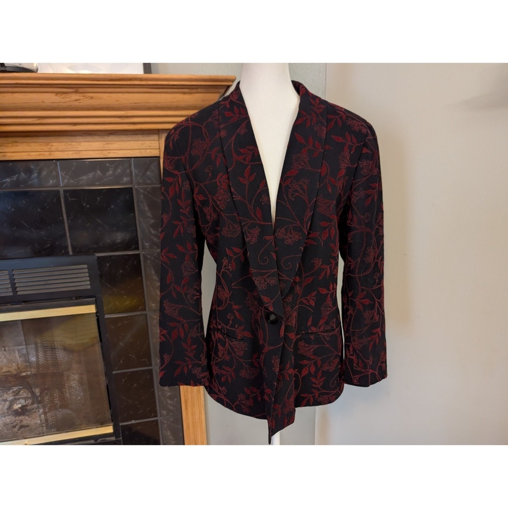 Juliana Collezione Womens Black/Red‎ Vintage Floral Wool Blazer Jacket Size 10